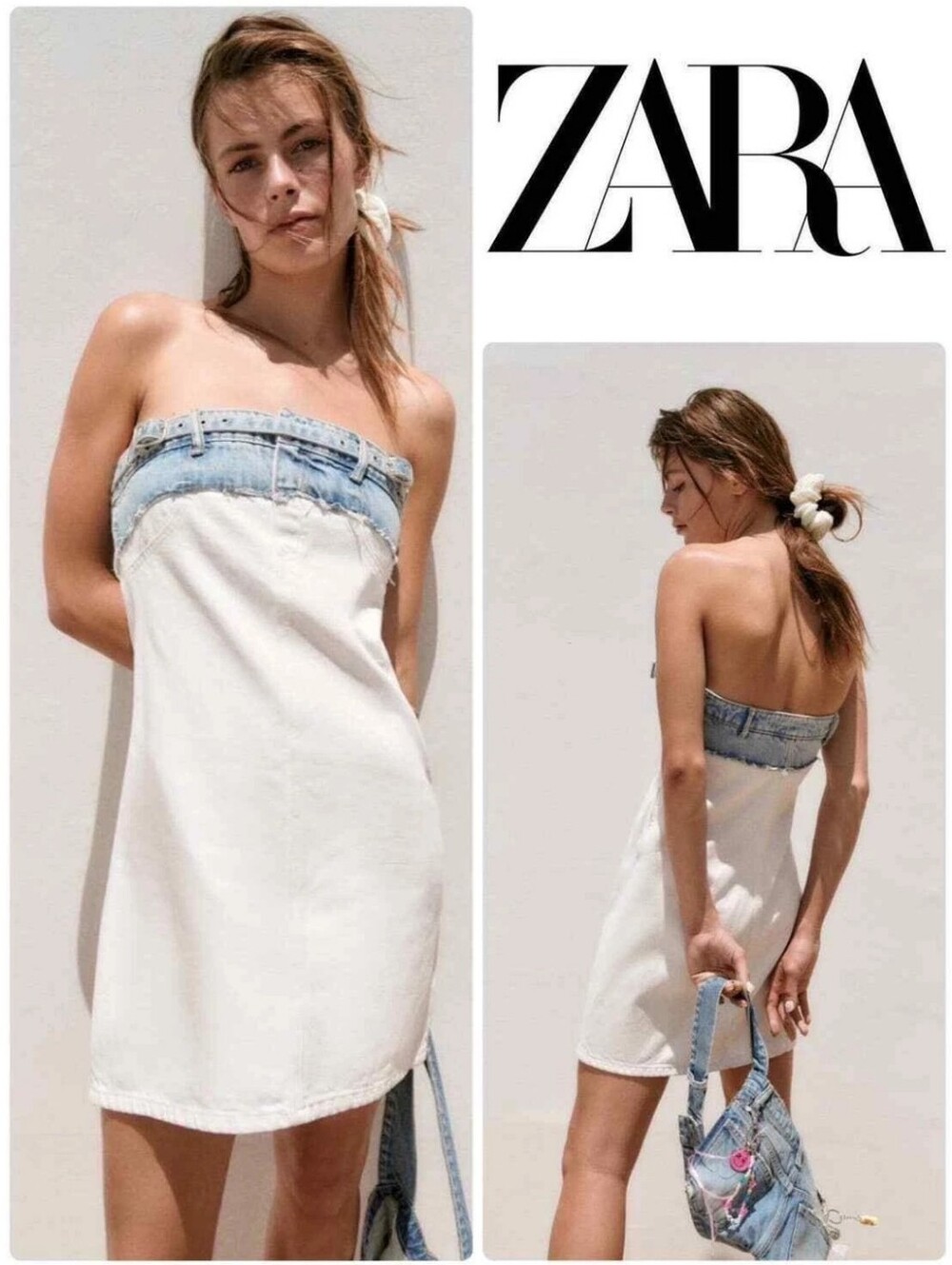 Zara Strapless Denim and White Cotton Mini Dress Size Xa